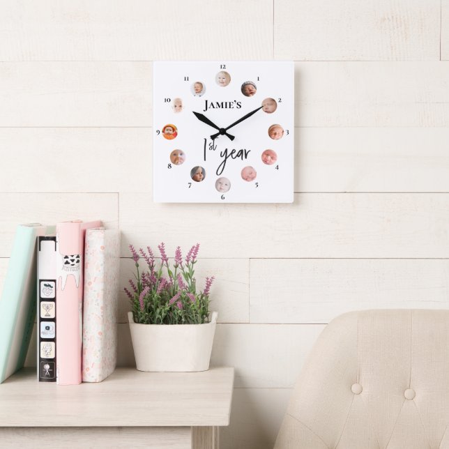 12 month custom photos Baby's 1st year Square Wall Clock (Reading Room)