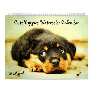 12 Month Cute Puppies Baby Dog Watercolor Painting Calendar