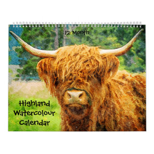 12 Month Highland Cow Cattle Watercolour Paintings Calendar