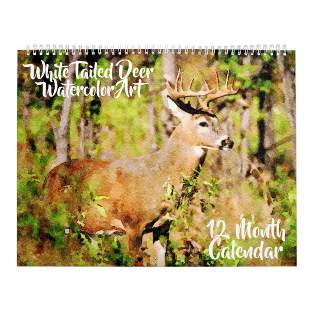 12 Month - Whitetail Deer Watercolor Wildlife Art Calendar (Cover)