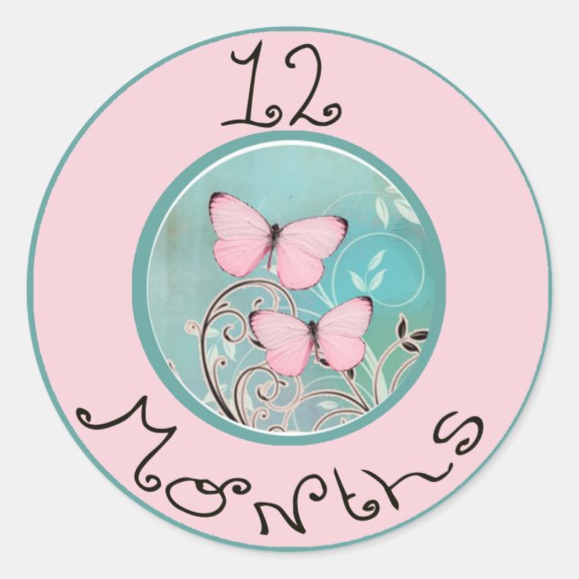 12 Months Butterfly Milestone Classic Round Sticker (Front)