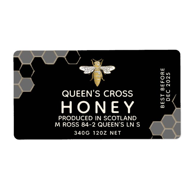 12 oz Honey Hex Jar Label honeycomb & Queen bee (Front)