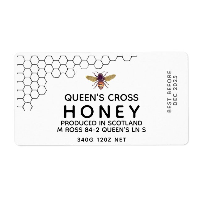 12 oz Honey Hex Jar Label with honeycomb and bee (Front)