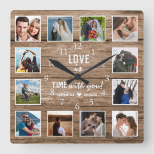 12 Photo Collage 5 Year Wood Wedding Anniversary Square Wall Clock