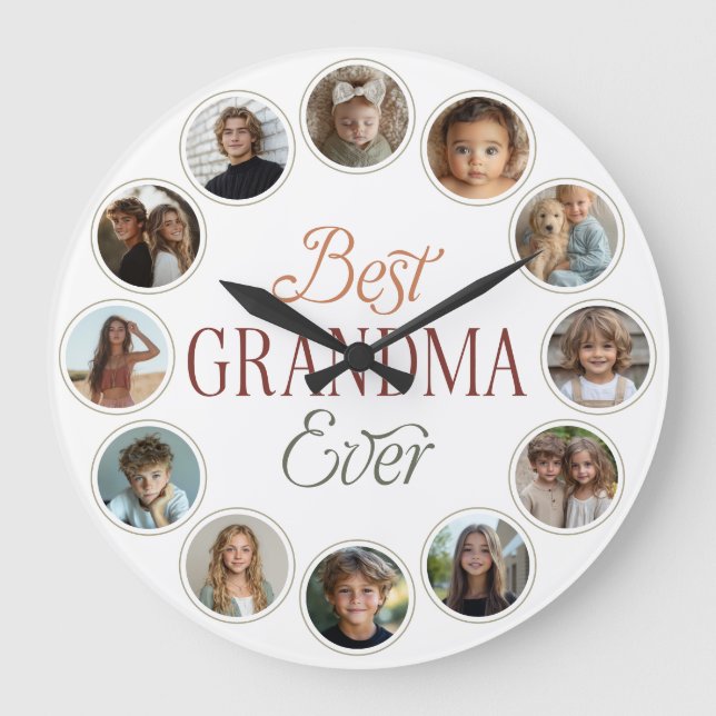12 Photo Collage Best Grandma Ever Large Clock (Front)