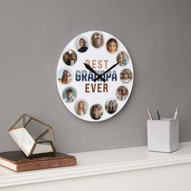 12 Photo Collage Best Grandpa Ever Large Clock (Office)