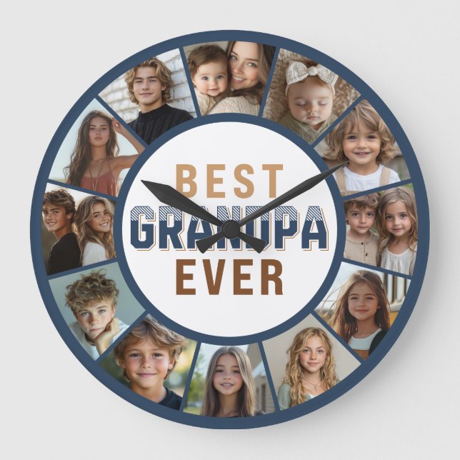 12 Photo Collage Best Grandpa Ever Large Clock (Front)