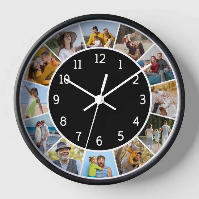 12 Photo Collage Black & White Family & Friends  Clock (Front)