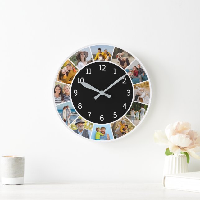 12 Photo Collage Black & White Family & Friends   Large Clock (Home)