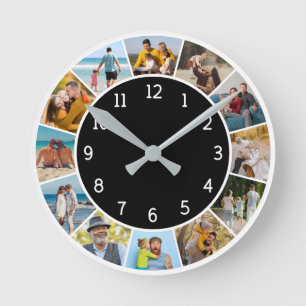 12 Photo Collage Black & White Family & Friends Round Clock