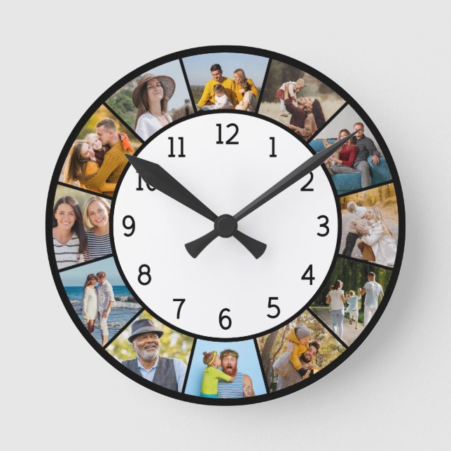 12 Photo Collage Black & White Family & Friends Round Clock (Front)