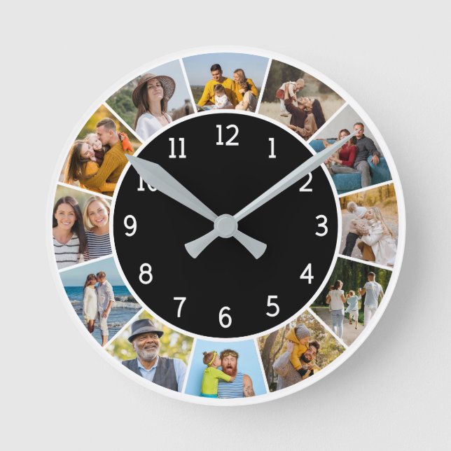 12 Photo Collage Black & White Family & Friends  Round Clock (Front)