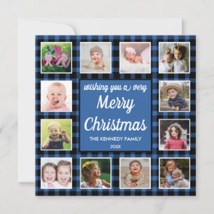 12 Photo Collage Blue Buffalo Plaid Merry Christma Holiday Card