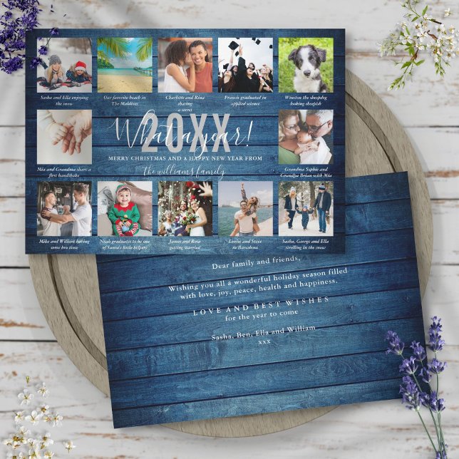 12 Photo Collage Captions What A Year Blue Wood Holiday Card (12 Photo Collage Captions What A Year Blue Wood Holiday Card)