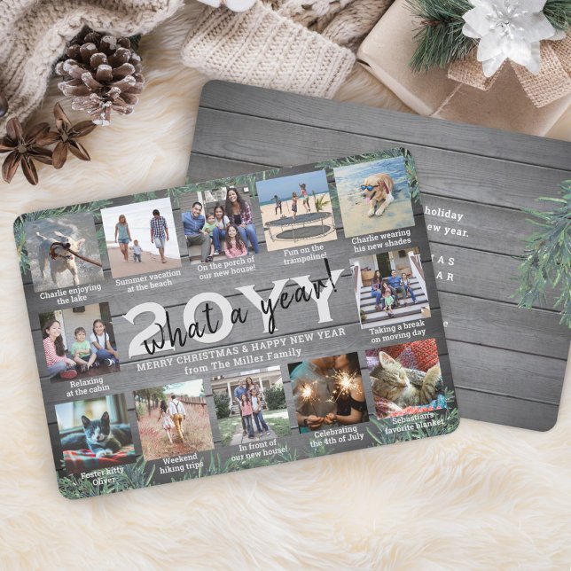 12 Photo Collage & Captions What a Year Pine Wood Holiday Card (Creator Uploaded)