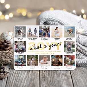 12 Photo Collage & Captions White What a Year! Foi Foil Holiday Card