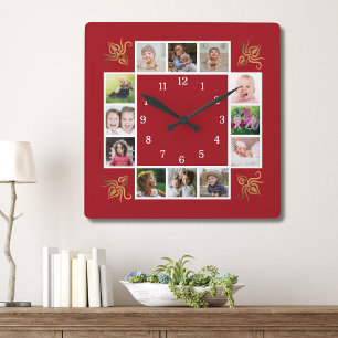 12 Photo Collage Create Your Own Gold Red Square Wall Clock