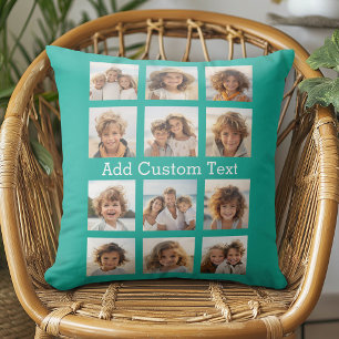 12 Photo Collage - Emerald Green and Custom Text Cushion
