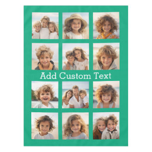12 Photo Collage - Emerald Green and Custom Text Tablecloth