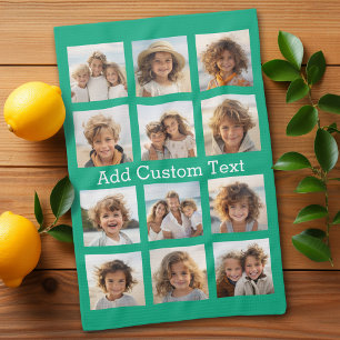 12 Photo Collage - Emerald Green and Custom Text Tea Towel