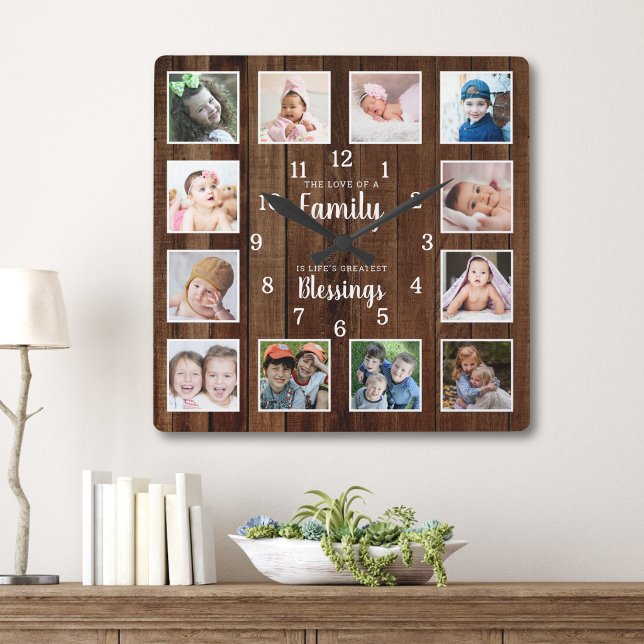 12 Photo Collage Family Blessings Quote Dark Wood Square Wall Clock (Creator Uploaded)
