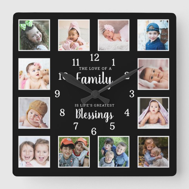 12 Photo Collage Family Love Blessings Quote Black Square Wall Clock (Front)