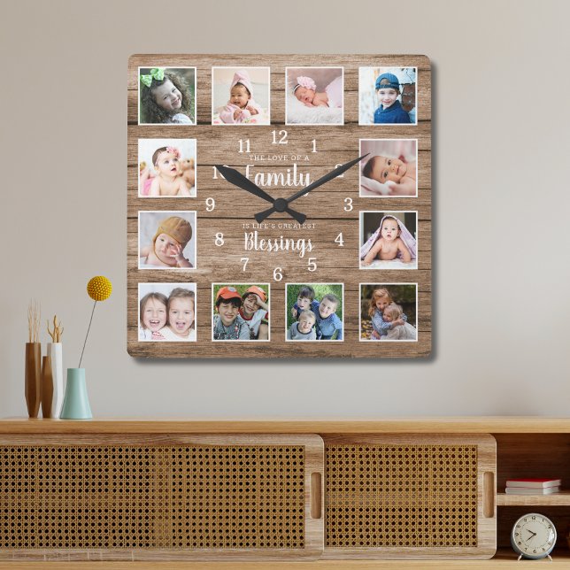 12 Photo Collage Family Love Blessings Quote Wood Square Wall Clock (Creator Uploaded)