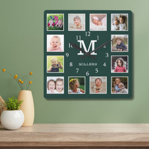 12 Photo Collage Family Name Monogram Forest Green Square Wall Clock