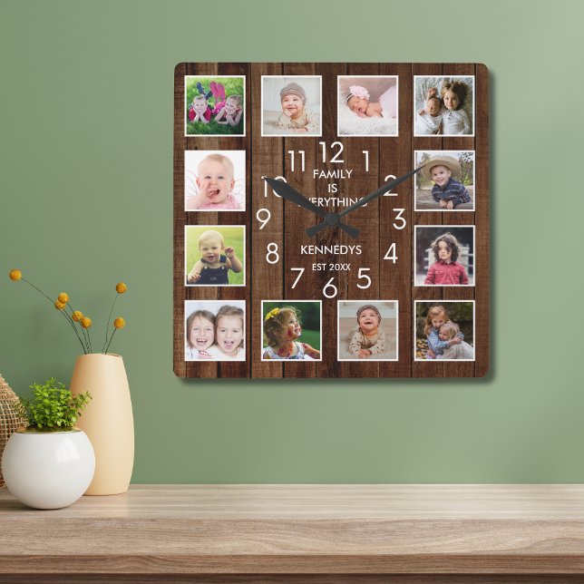 12 Photo Collage Family Name Personalised Wood Square Wall Clock (Creator Uploaded)