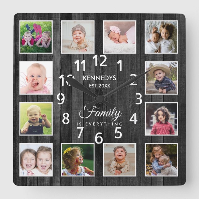 12 Photo Collage Family Name Quote Black Wood Square Wall Clock (Front)