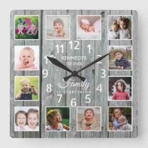 12 Photo Collage Family Name Quote Grey Wood   Square Wall Clock