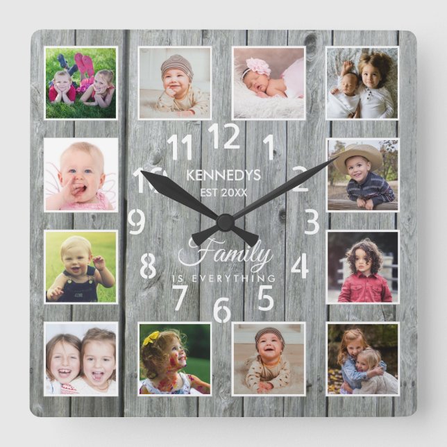 12 Photo Collage Family Name Quote Grey Wood   Square Wall Clock (Front)