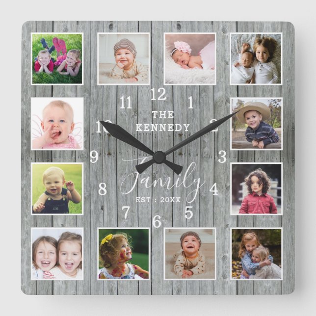 12 Photo Collage Family Name  Rustic Grey Wood Square Wall Clock (Front)