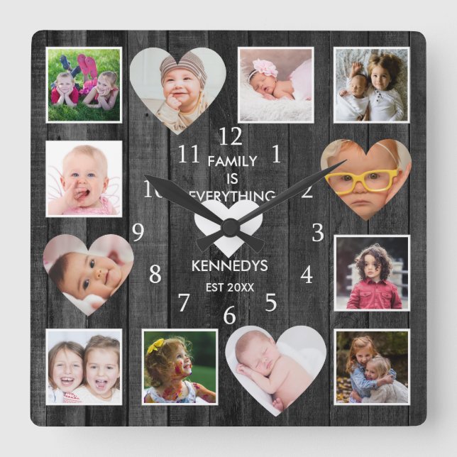 12 Photo Collage Family Quote Heart Black Wood  Square Wall Clock (Front)