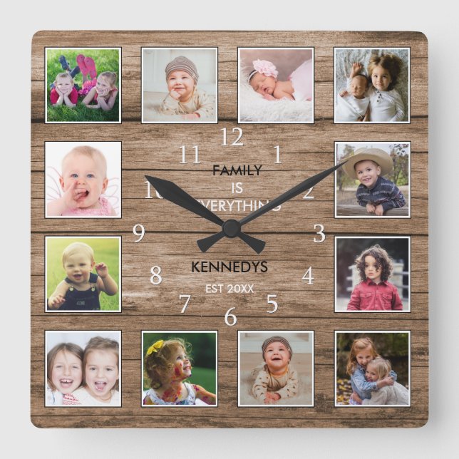 12 Photo Collage Family Quote Reclaimed Wood Square Wall Clock (Front)
