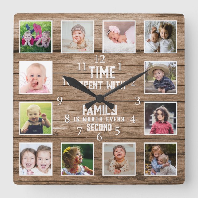 12 Photo Collage Family Quote Reclaimed Wood Square Wall Clock (Front)