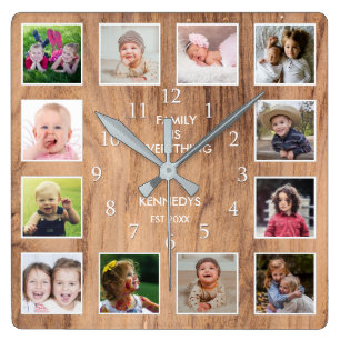 12 Photo Collage Family Quote Weathered Wood Square Wall Clock