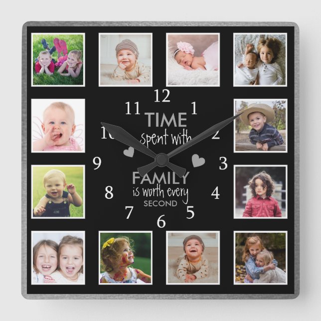 12 Photo Collage Family Time Quote Black Silver Square Wall Clock (Front)