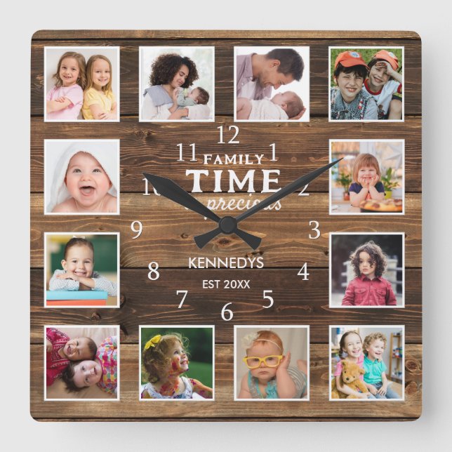12 Photo Collage Family Time Quote Farmhouse Wood Square Wall Clock (Front)