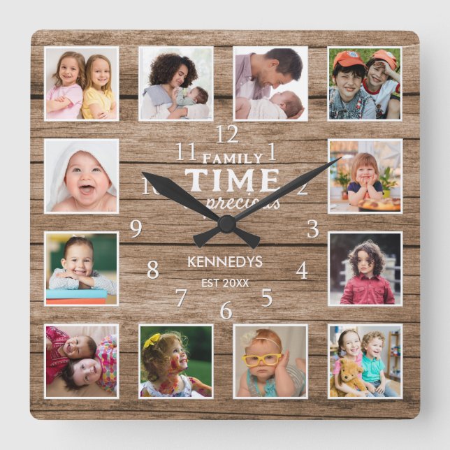 12 Photo Collage Family Time Quote Reclaimed Wood Square Wall Clock (Front)