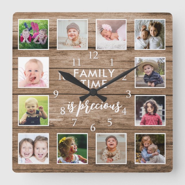 12 Photo Collage Family Time Quote Rustic Wood Square Wall Clock (Front)