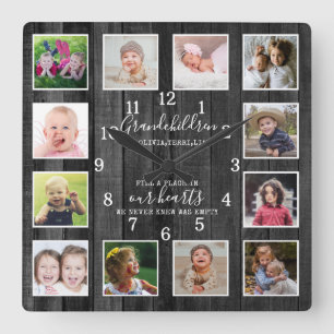 12 Photo Collage Grandchildren Quote Black Wood Square Wall Clock