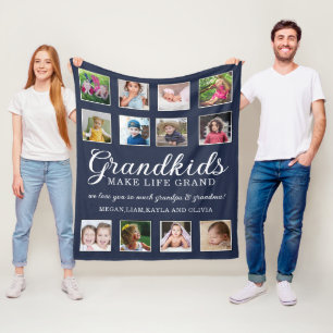 12 Photo Collage Grandkids Make Life Grand Blue Fleece Blanket