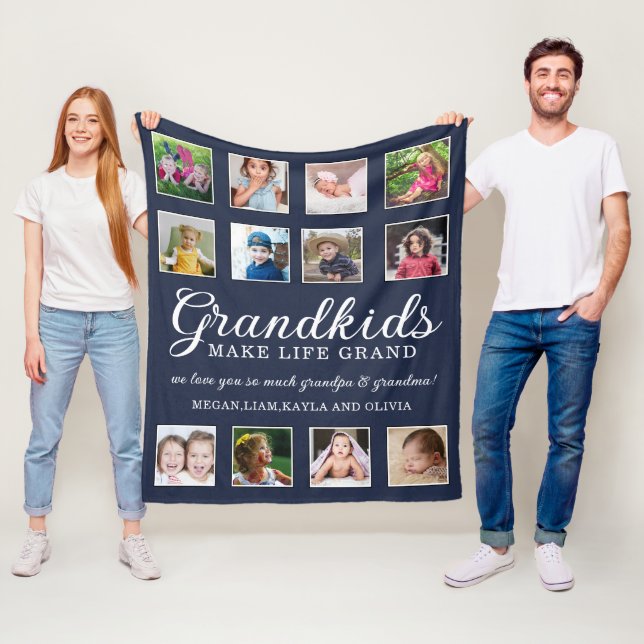12 Photo Collage Grandkids Make Life Grand Blue Fleece Blanket (In Situ)