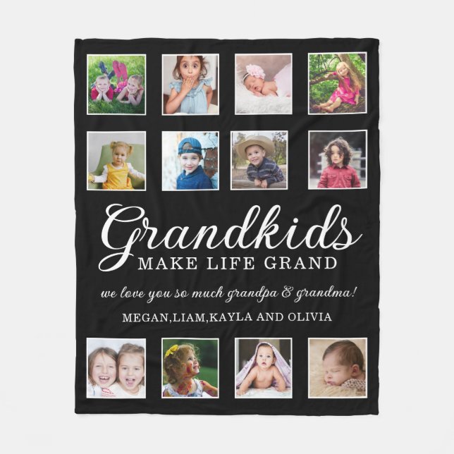 12 Photo Collage Grandkids Make Life Grand Quote  Fleece Blanket (Front)