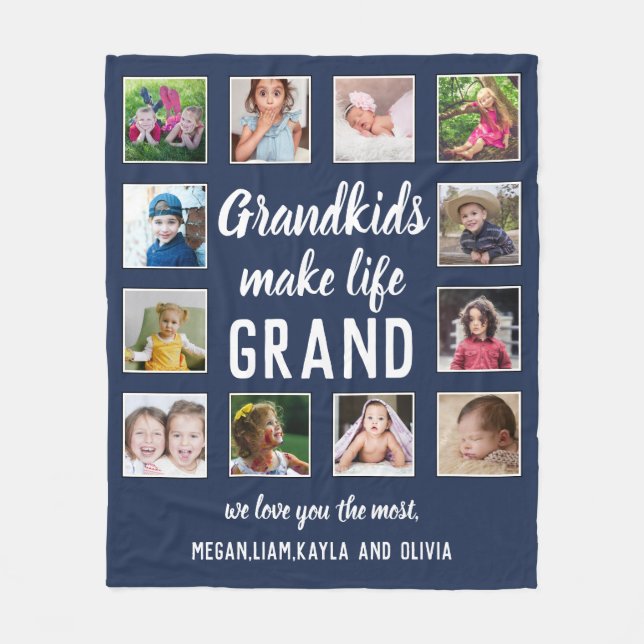 12 Photo Collage Grandkids Make Life Grand Quote Fleece Blanket (Front)