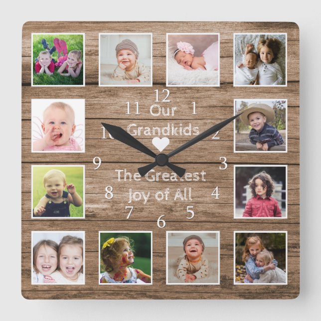 12 Photo Collage Grandkids Quote Reclaimed Wood Square Wall Clock (Front)