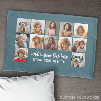 12 Photo Collage Grid - 2 Text boxes - blue white Pillowcase