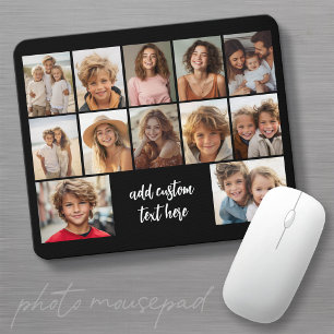 12 Photo Collage Grid - Text box - black white Mouse Mat