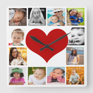 12 Photo Collage heart Unique Custom Personalised Square Wall Clock